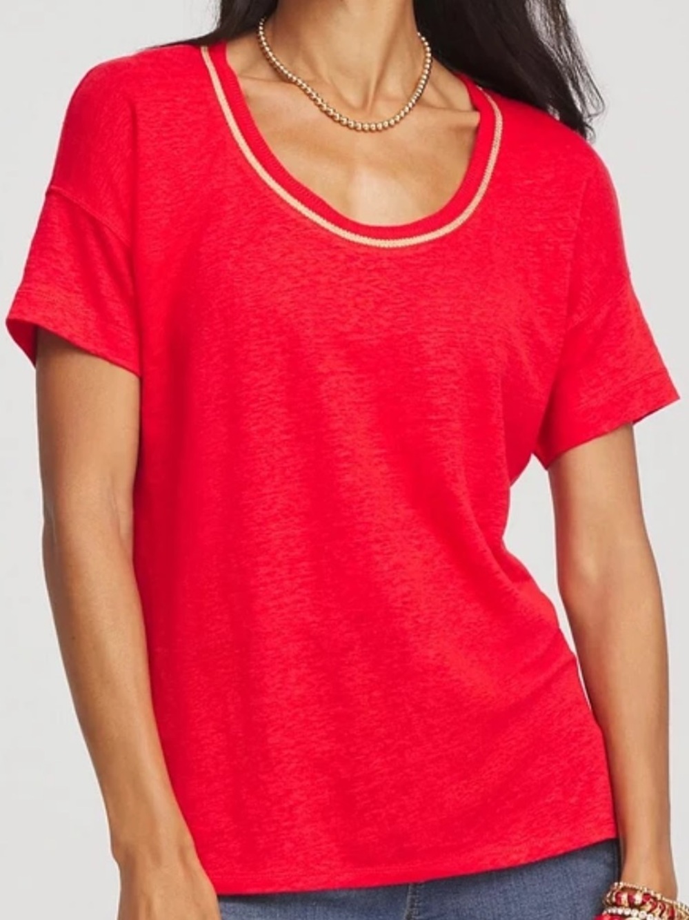 Chico’s 100% Linen Red Gold Trim Scoop Neck Tee Top NWT Size 1 M Summer Staple